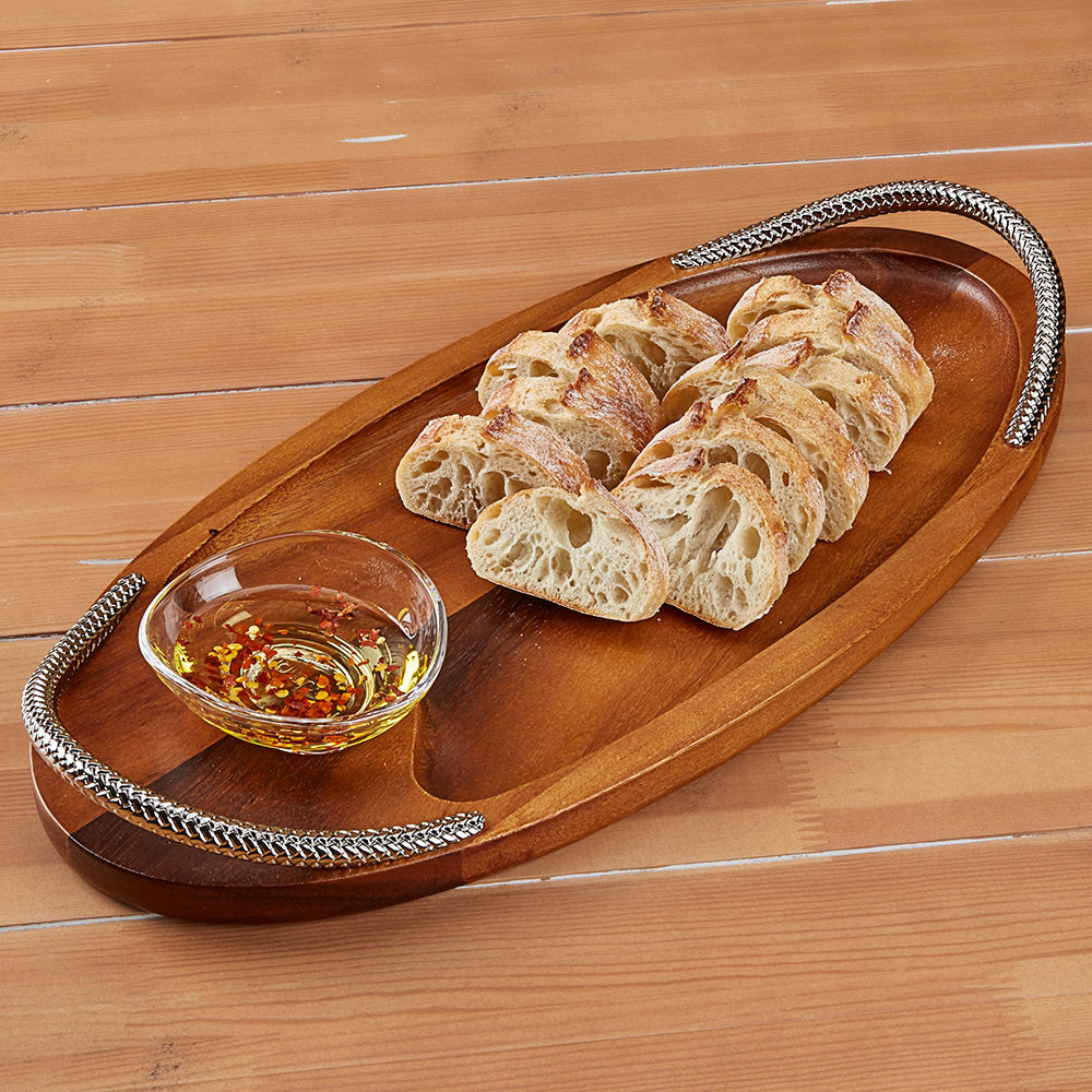 Wood Serving Board with Braided Handles and Dipping Dish by Nambé