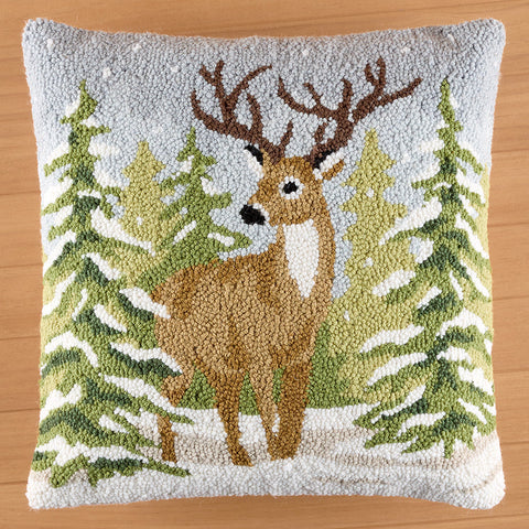 Peking Handicraft 18" Hooked Pillow, Snowfall Deer