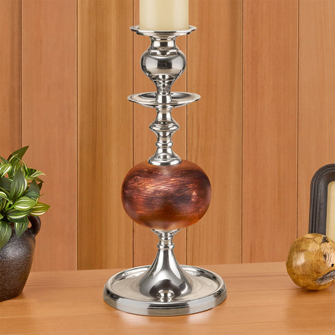 Silver and Wood Spindle Pillar Candleholders