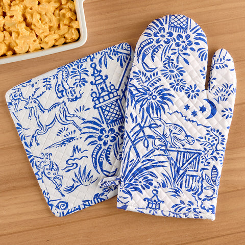 Caspari Oven Mitt/Potholder Set, Pagoda Blue