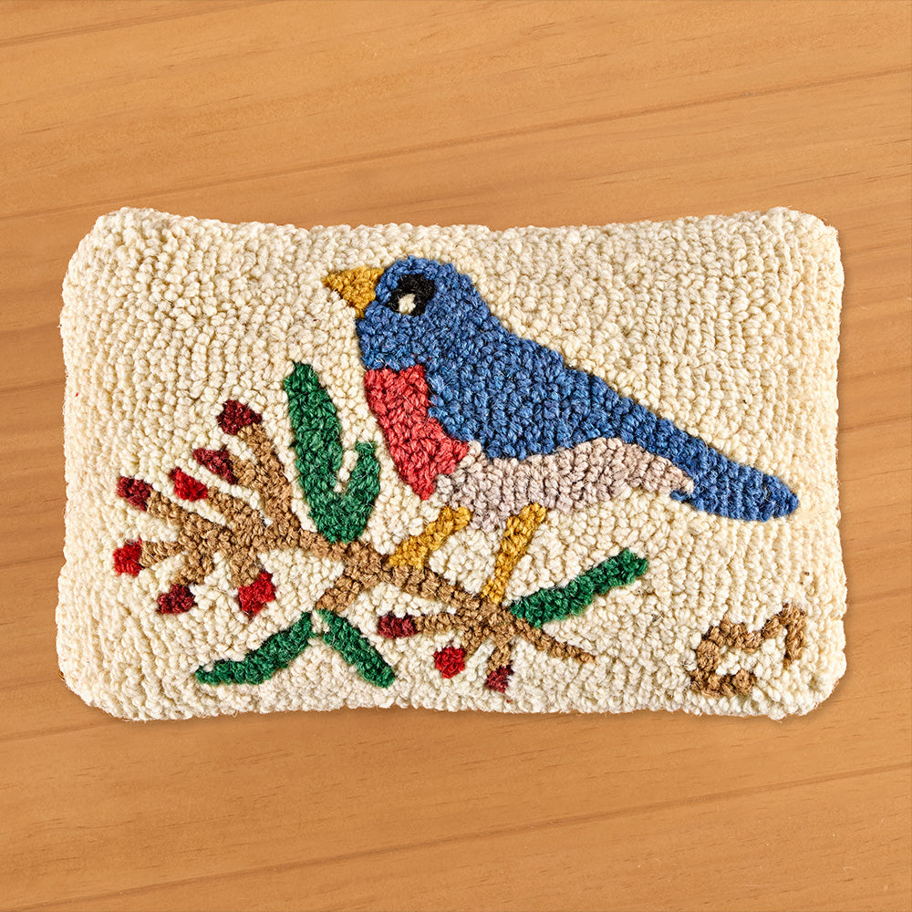 Chandler 4 Corners 8" x 12" Hooked Pillow, Bluebird and Berries