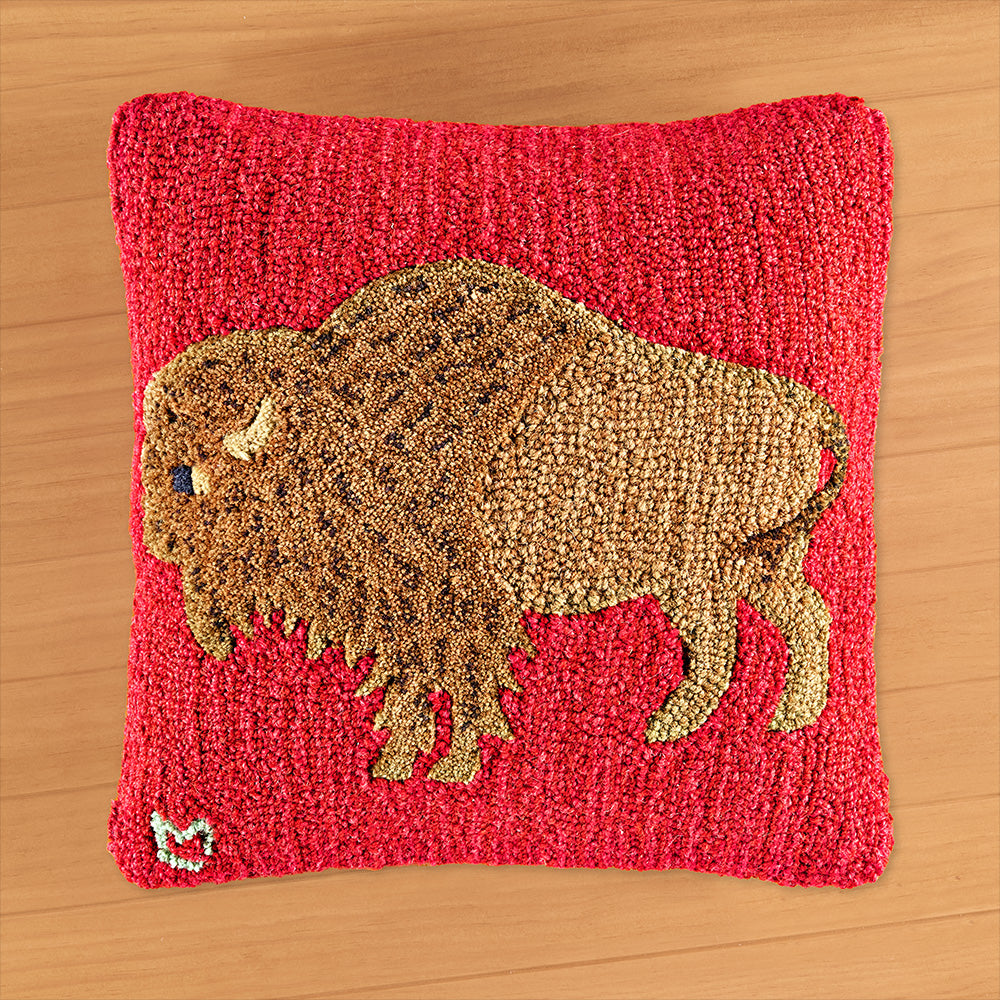 Chandler 4 Corners 18" Hooked Pillow, Plush Buffalo on Red