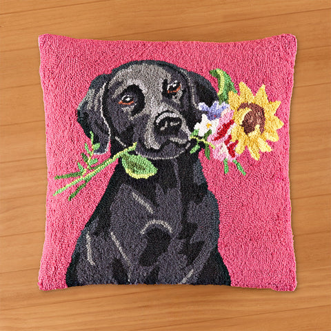 Peking Handicraft 18" Hooked Pillow, "Flowers for You" Black Lab