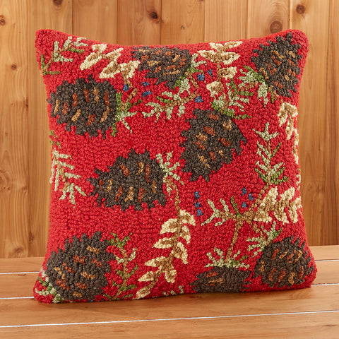 Chandler 4 Corners 18" Hooked Pillow, Ruby Pinecones