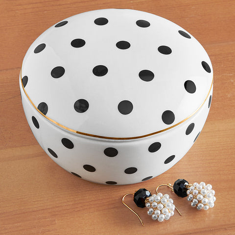 8 Oak Lane Black and White Polka Dot Ceramic Trinket Box