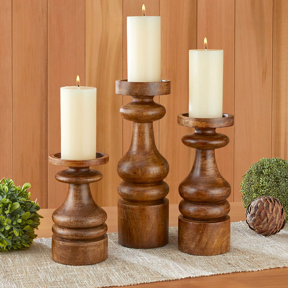 Mango Wood Spindle Pillar Candleholder